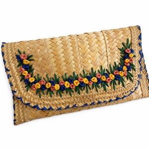 Vintage Woven Straw Clutch Floral handmade 11”